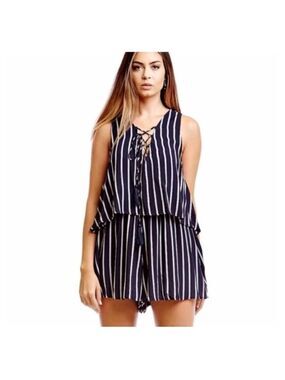 Amor Adore Tiered Romper Size M Navy White Striped Sleeveless